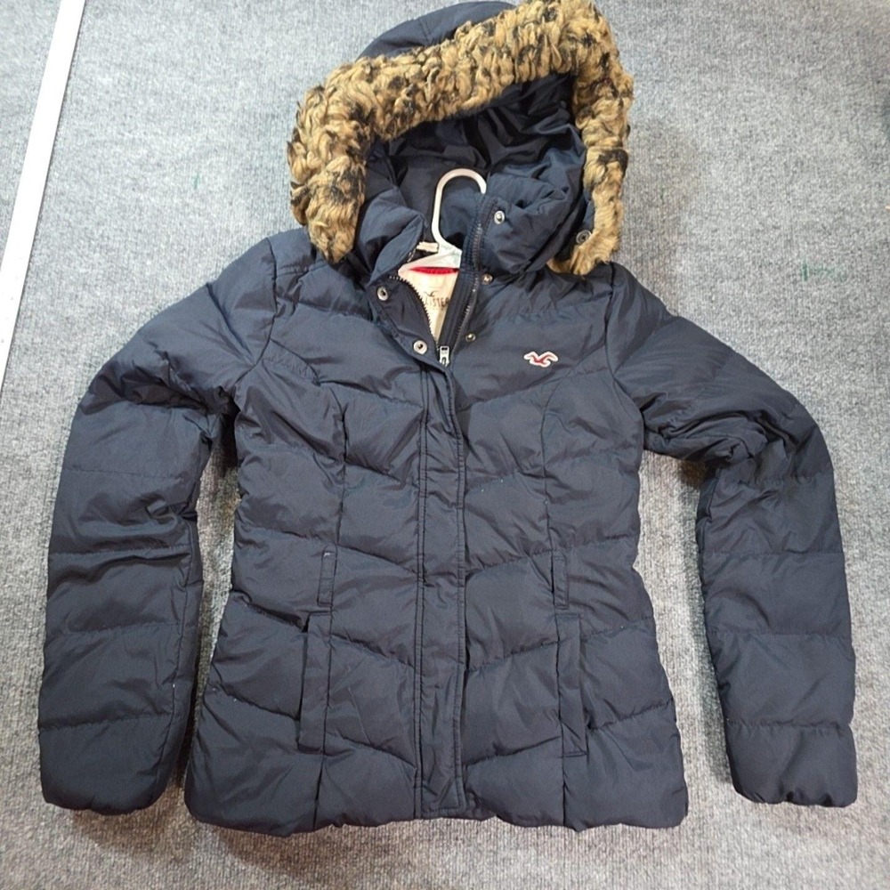 Hollister Puffer Jacket Women M Blue Hooded Faux Fur Trim Winter Coat Quilted
